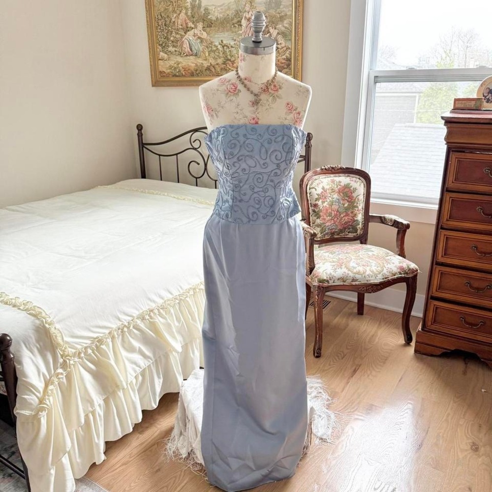 90s bill levkoff light blue strapless prom maxi dress ( two piece set ) size‎ xs